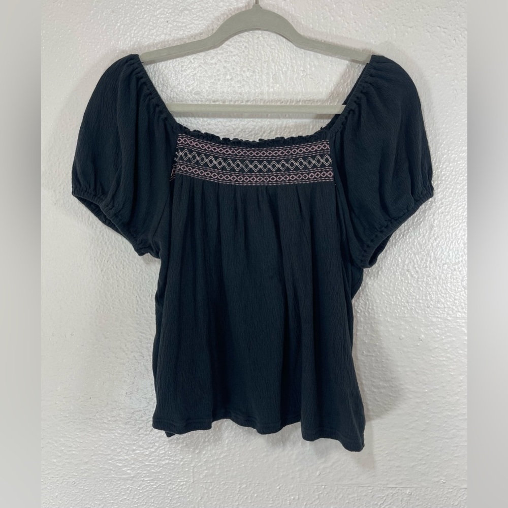 Madewell Black Embroidered Square Neck Peasant Top Women’s Medium Casual